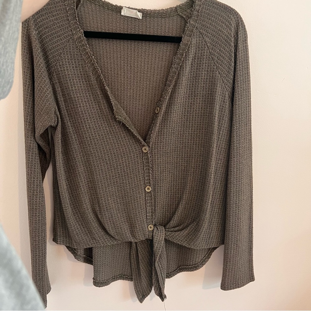 Dark Green Long Sleeve Button Cardigan Tie Detail | Sienna Sky Women’s Medium